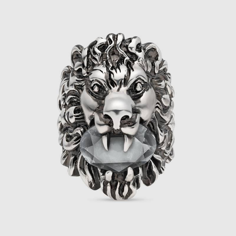 Gucci Lion Logo - Lion head ring with crystal in Metal with aged finish. Gucci