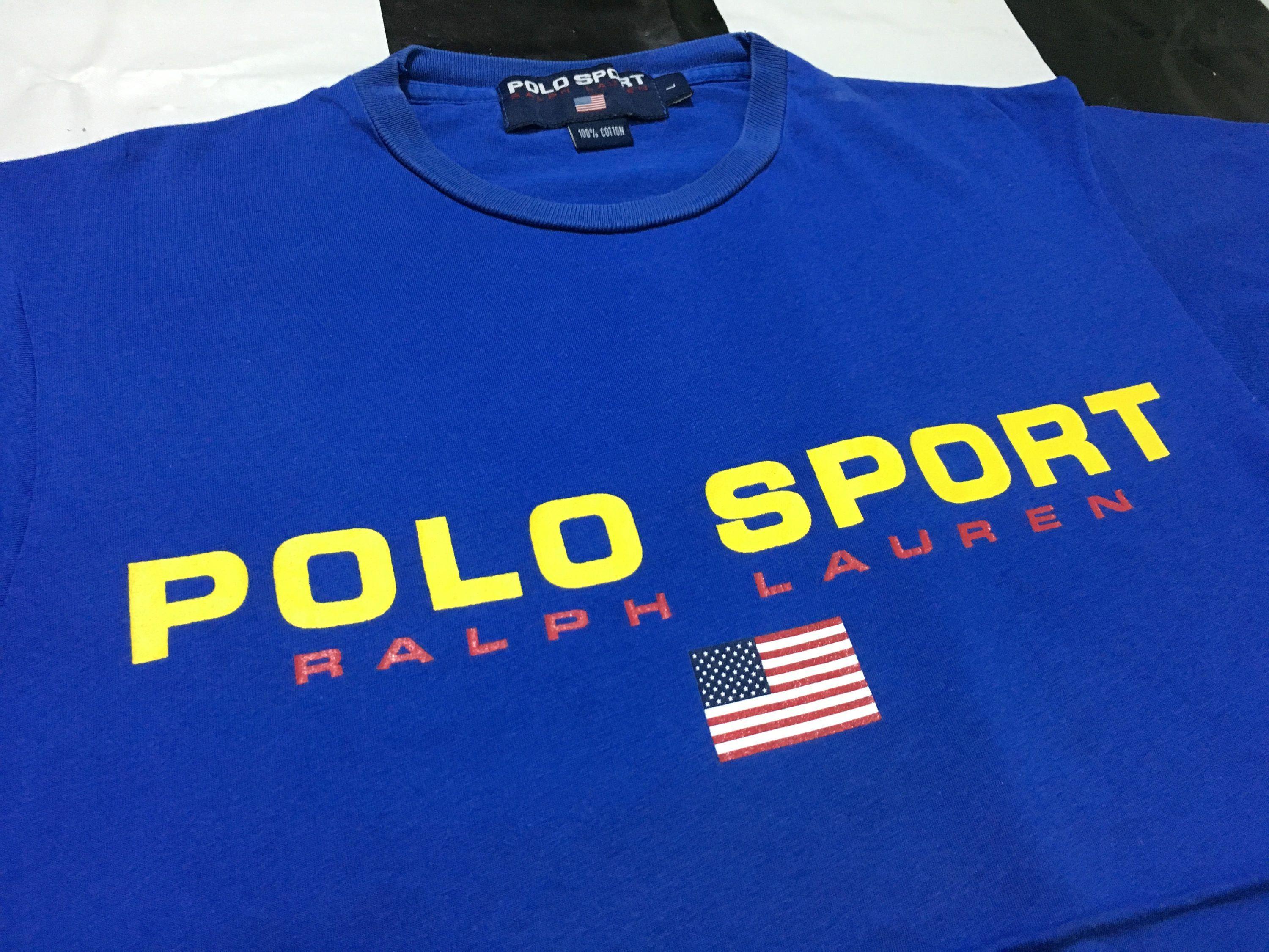 Blue Polo Logo - Vintage Polo sport t shirt spell out flag logo Size L Blue Polo