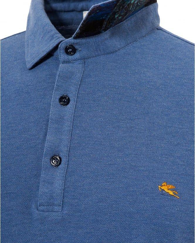 Blue Polo Logo - Etro Mens Chest Logo Polo Shirt, Long Sleeve Mid Blue Polo