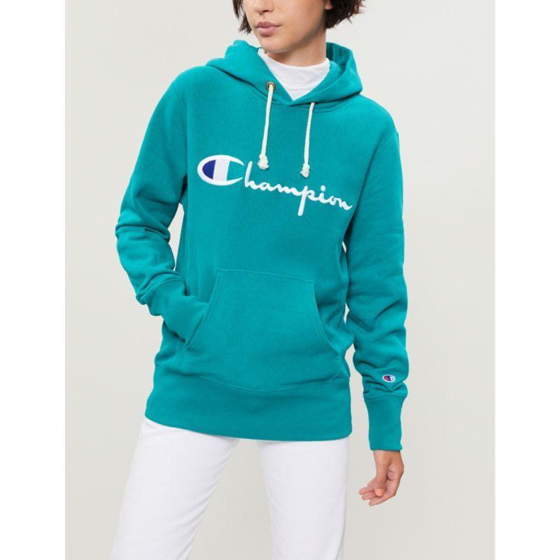 Green Clothing and Apparel Logo - Authorized Site CHAMPION - Logo-embroidered cotton-jersey hoody ...