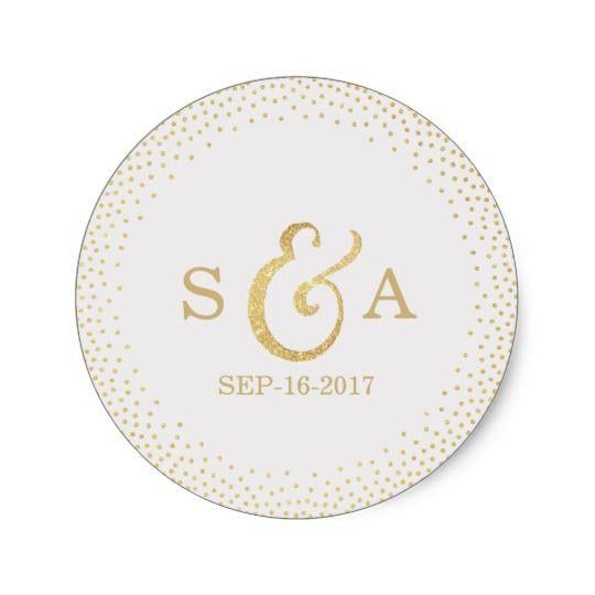 Gold Wedding Logo - Editable gold glitter vintage wedding monogram classic round sticker