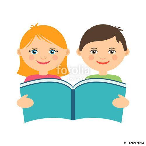 Girl Cartoon Logo - Colorful illustration of smiling kids reading book. Flat cartoon