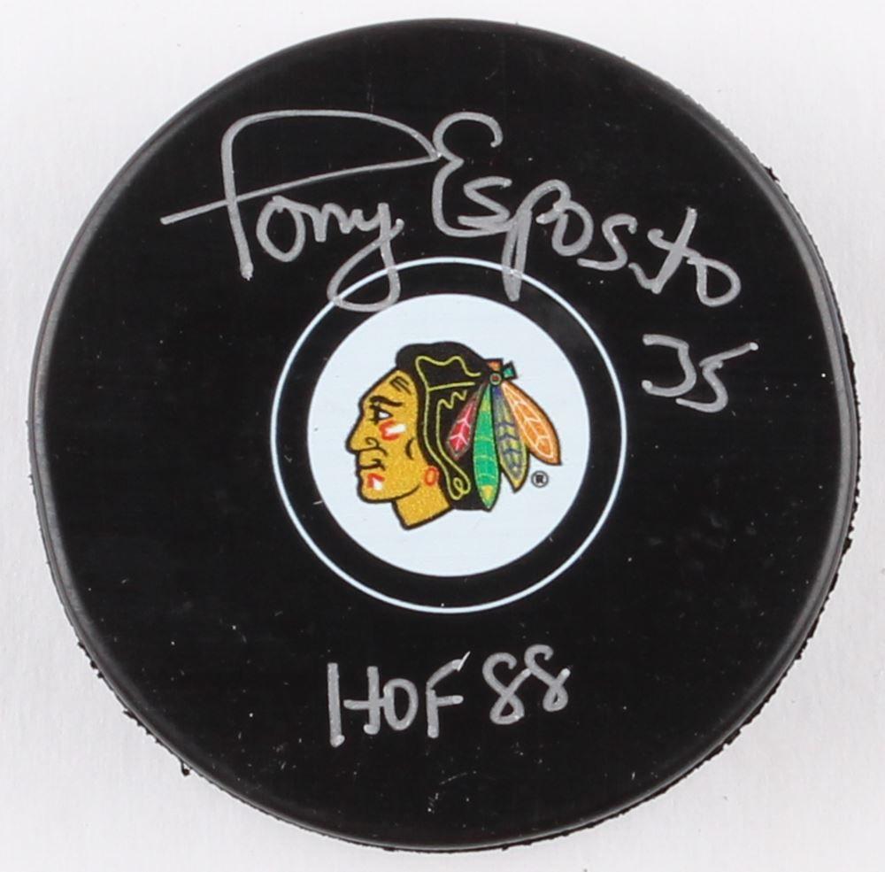 Blackhawks Logo - Tony Esposito Signed Blackhawks Logo Hockey Puck Inscribed HOF 88