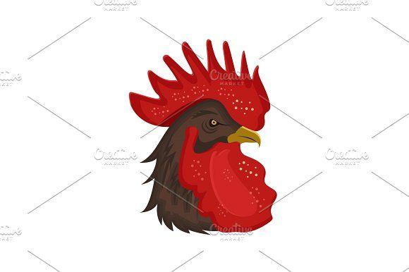 Red White Rooster Logo - Rooster head with red comb isolated on white background. Creative ...