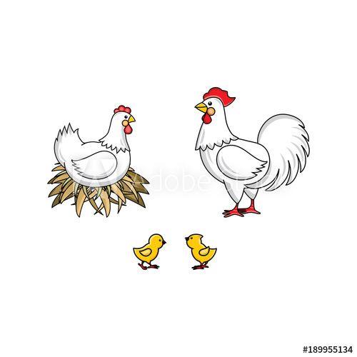 Red White Rooster Logo - vector flat white rooster, cock with red crest, hen chicken in hay ...