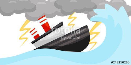 Strong Lightning Logo - Flat vector scene with ship in strong lightning storm. Sea wave