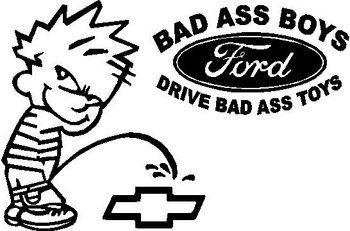 Black and White Ford Logo - Calvin peeing on Chevy w/ford logo