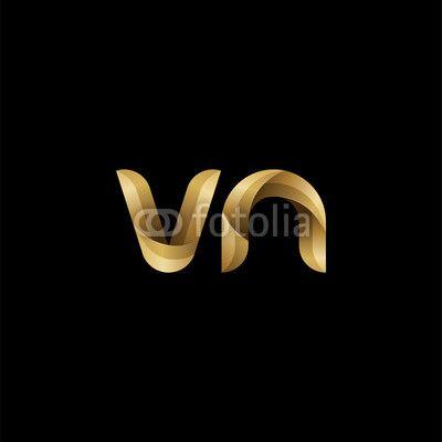 Gold Swirl Logo - Initial lowercase letter vn, swirl curve rounded logo, elegant