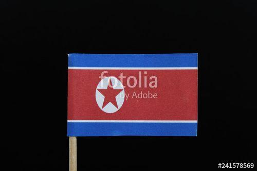 Blue Stripe with Red Background Logo - A unique and official flag of North Korea on toothpick on black