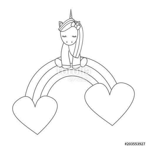 Unicorn Black and White Logo - cute cartoon unicorn sitting on a rainbow with hearts vector black