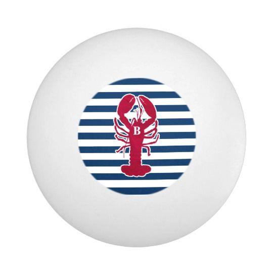 White Stripes with Red Ball Logo - Nautical Red Lobster Monogram Blue White Stripe Ping-Pong Ball ...