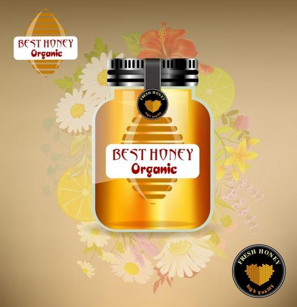 Honey Flower Logo - Organic honey advertisement shiny yellow jar flowers icons Free ...