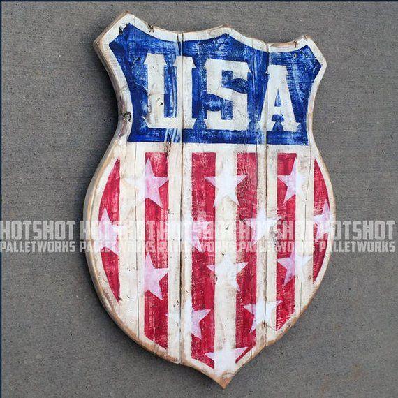 White Stripe with Red Shield Logo - USA Shield 3 America Americana Stars Stripes Red White