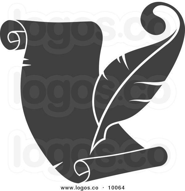 Quill Scroll Logo - Royalty Free Vector of a Grayscale Quill Pen and Scroll Writing Logo