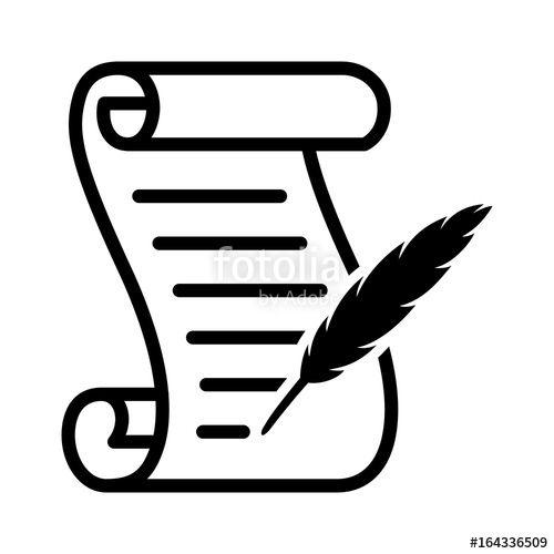 Quill Scroll Logo - Writing on a scroll with a feather quill pen line art vector icon ...