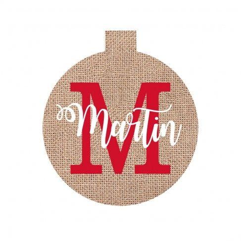 Red Block White Cross Logo - Burlap Sub Ornament with Red Block Initial with White Name