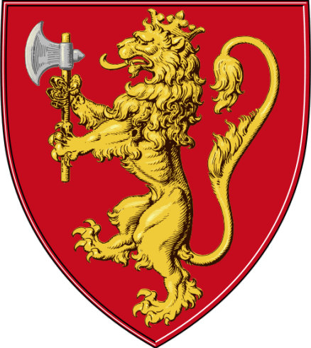 Red with Gold Lion Crown Logo - In the second quarter is a golden lion rampant, crowned in gold