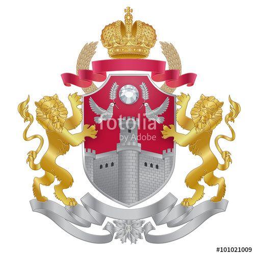Red with Gold Lion Crown Logo - Heraldry coat of arms template. Heraldic gold and silver ...