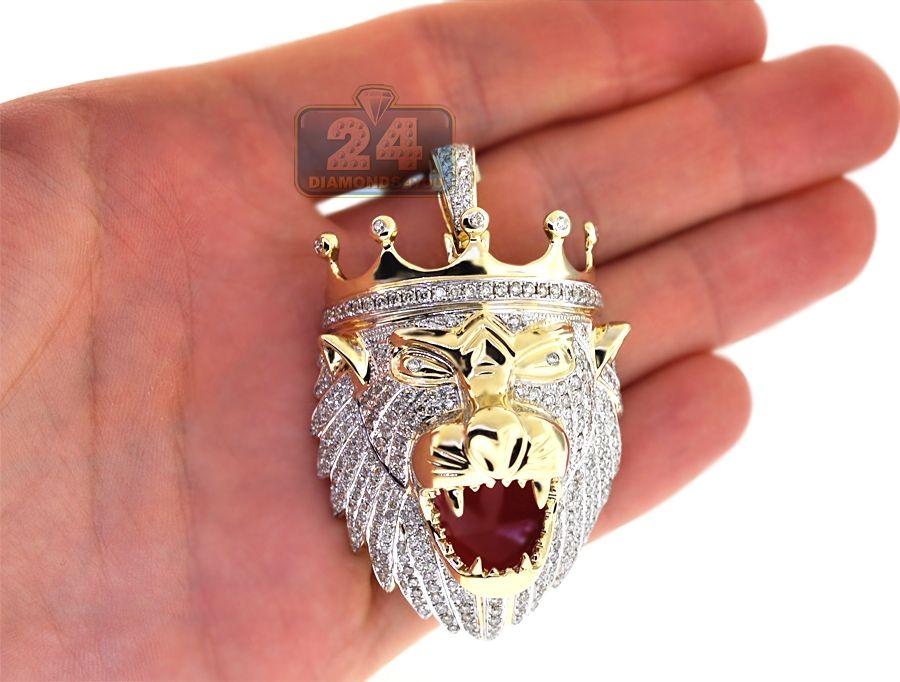 Red with Gold Lion Crown Logo - Mens Diamond Crown Lion Head Pendant 10K Yellow Gold 4.12 ct