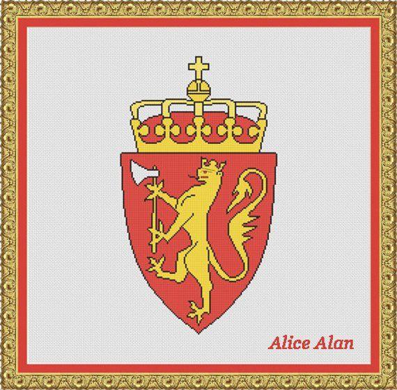 Red with Gold Lion Crown Logo - Cross Stitch Pattern Wild Cat Coat Arm Norway Gold lion Crown | Etsy