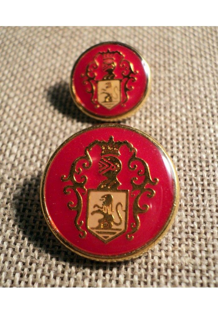 Red with Gold Lion Crown Logo - Coat Of Arms Button 15 20mm, Metal, Gold With Red Print Lion, Crown