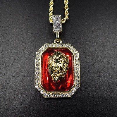 Red with Gold Lion Crown Logo - 14K GOLD LION Head Red Ruby Iced Out Pendant 24 Rope Chain Necklace