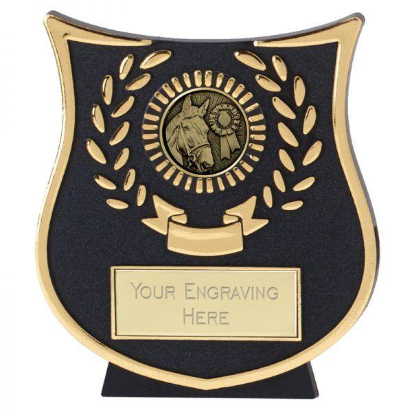 Black Horse with Gold Shield Logo - Gold Shield Equestrian Plastic Plaque Award 11cm (4 1 4)