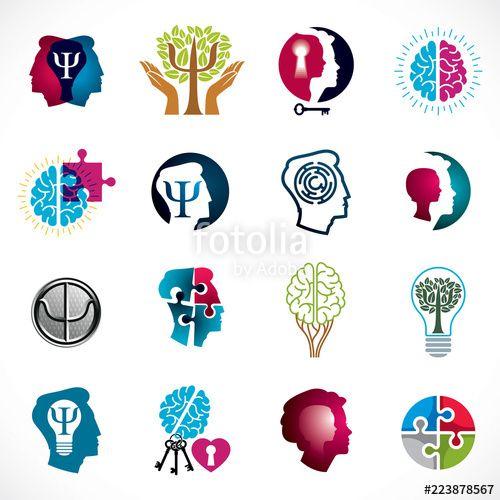 Psychology Logo - Psychology, brain and mental health vector conceptual icons or logos