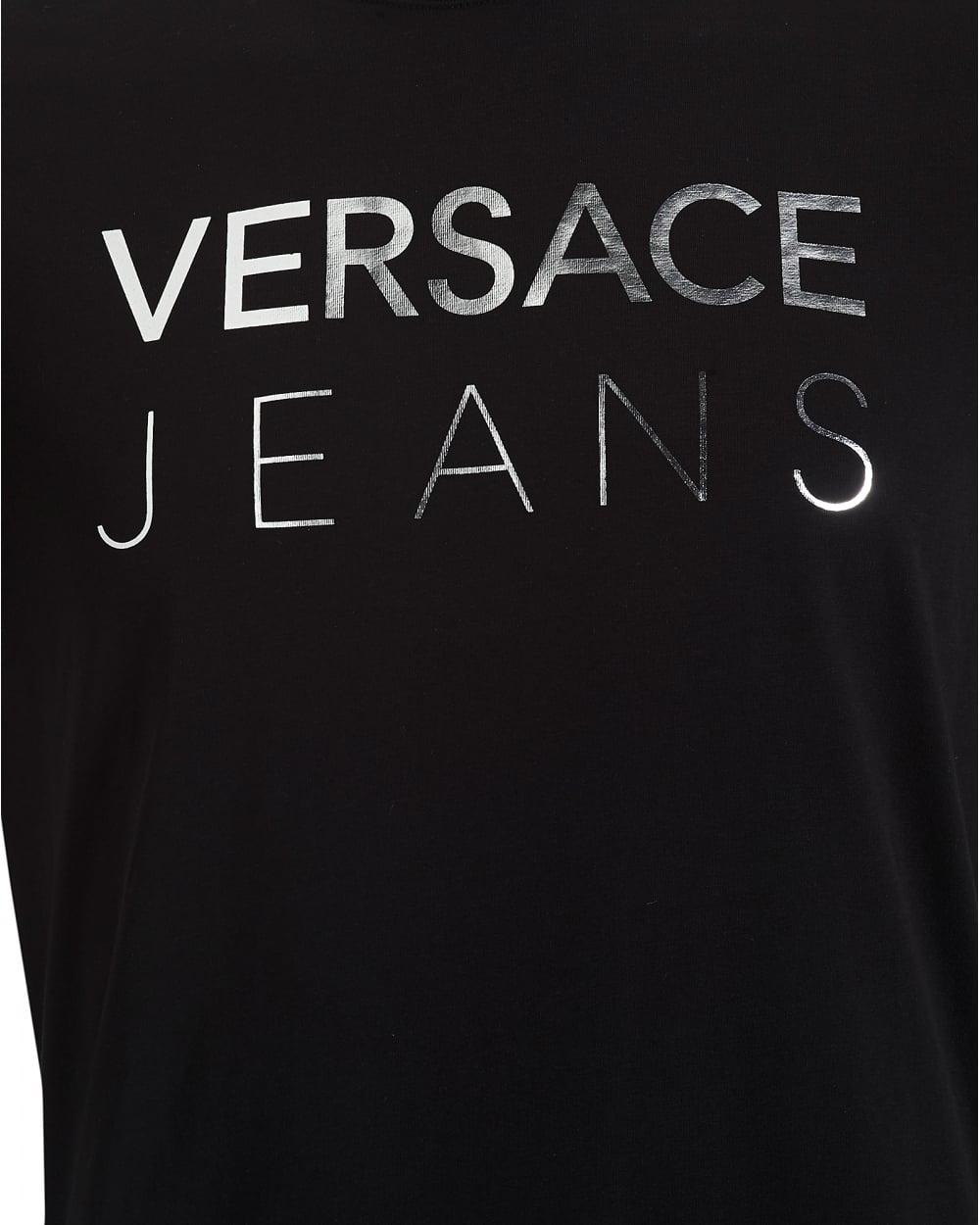 Black and Silver Logo - Versace Jeans Mens Black T-Shirt, Slim Fit Silver Logo Text Tee