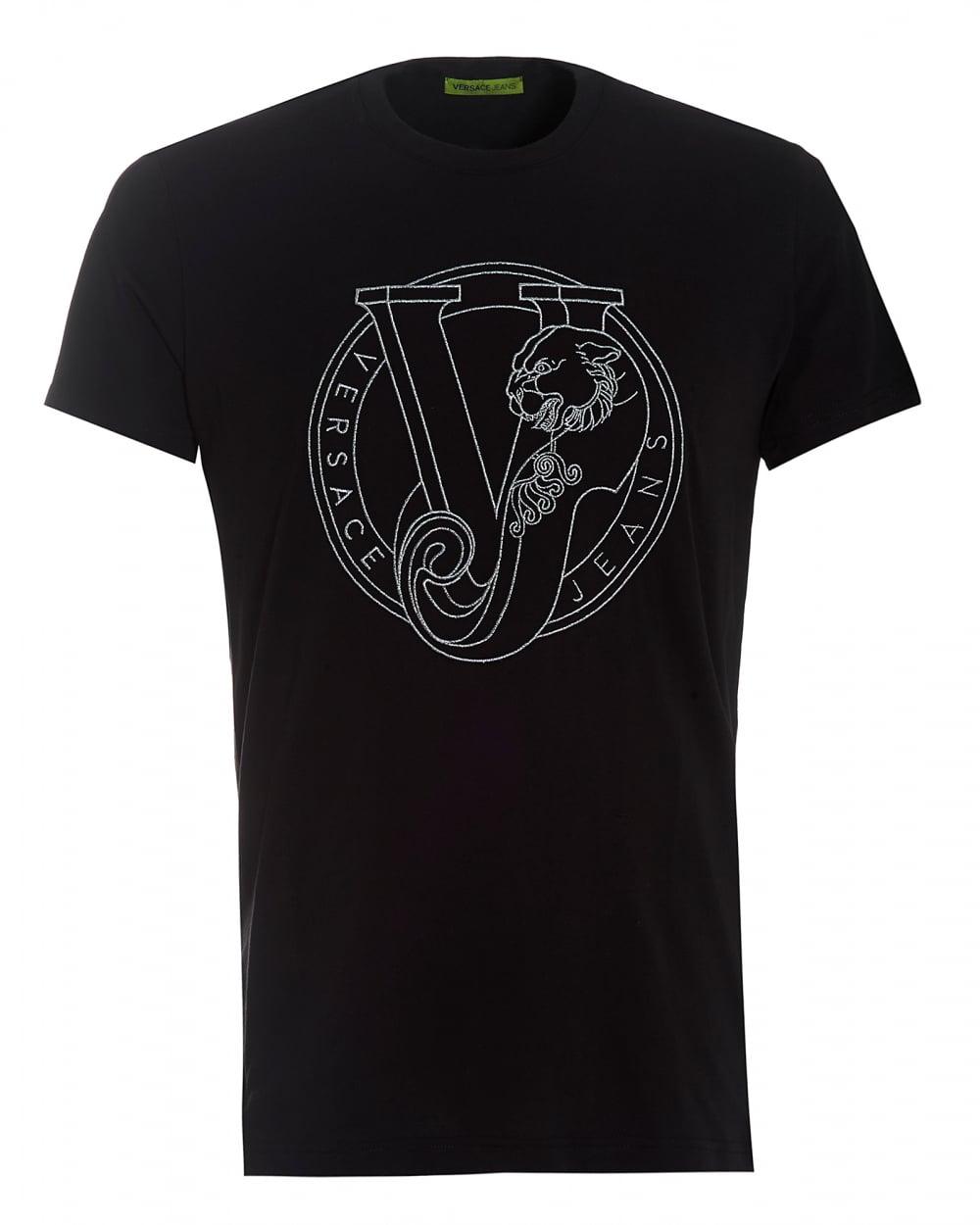 Black and Silver Logo - Versace Jeans Mens T Shirt, Regular Fit Black Circular Panther Silver Logo Tee