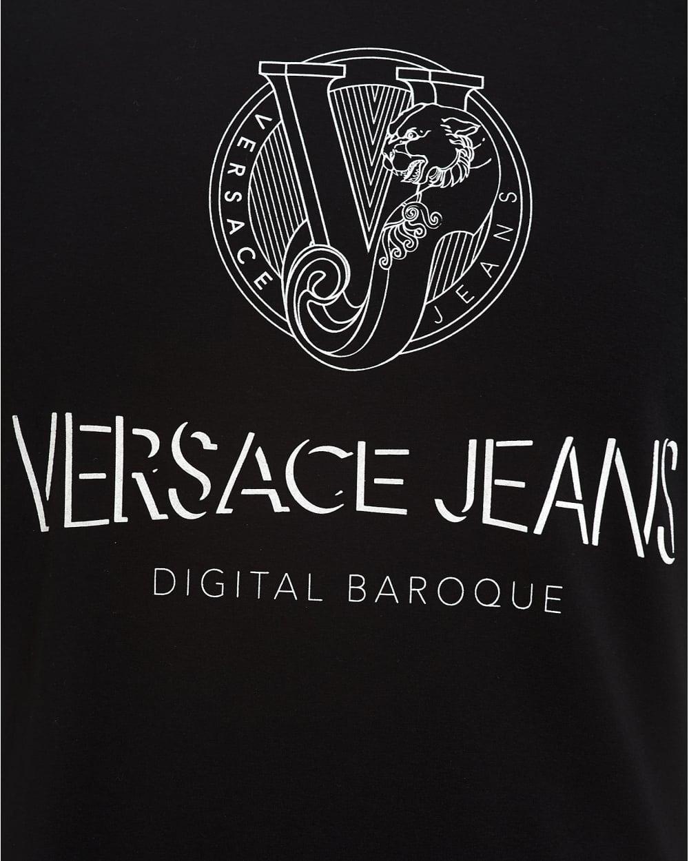 Black and Silver Logo - Versace Jeans Mens Black Long Sleeve T-Shirt, Slim Fit Digital Baroque  Silver Logo Tee