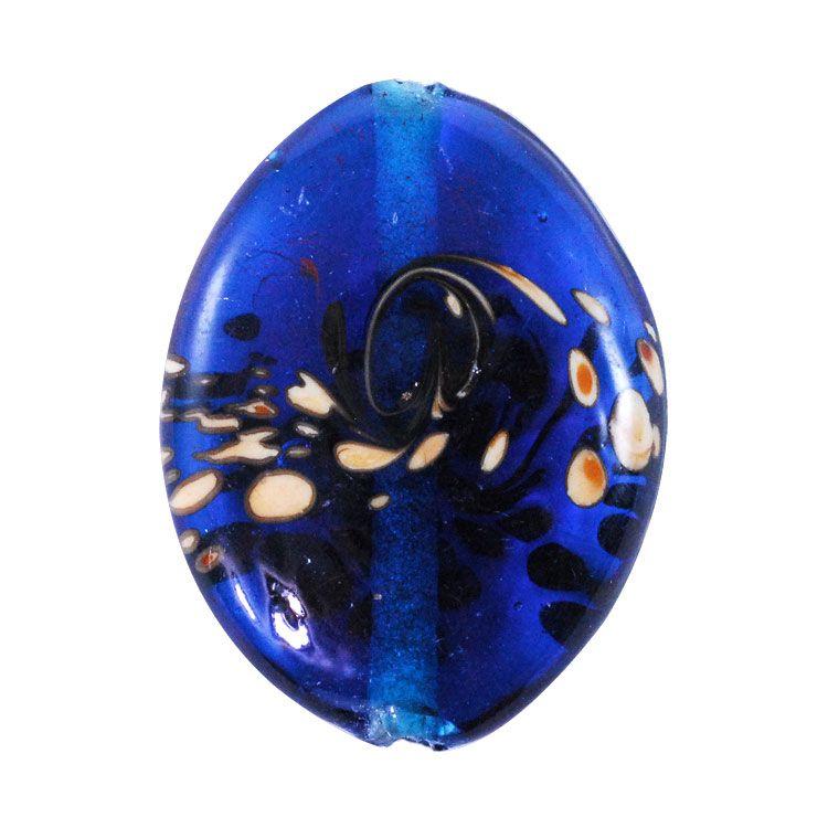 Swirling Blue Oval Logo - Lampwork Glass Bead Blue Oval with Tan Swirl 26x19mm (1-Pc)