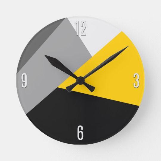 Grey Yellow Circle Logo - Simple Modern Grey Yellow and Black Geo Round Clock