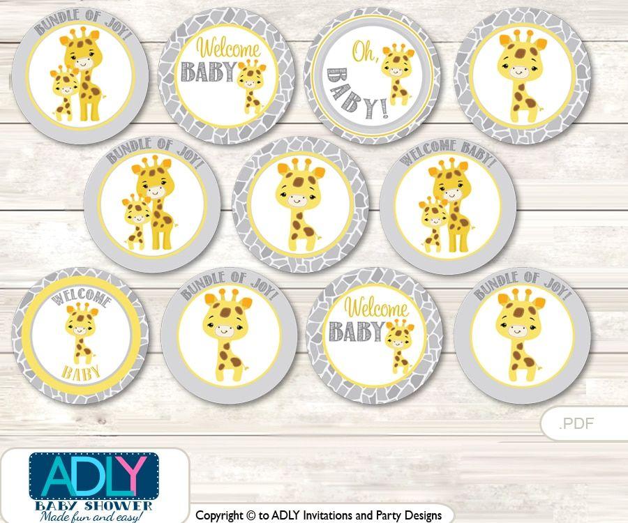Grey Yellow Circle Logo - Baby Shower Neutral Giraffe Cupcake Toppers Printable File for Little  Neutral and Mommy-to-be, favor tags, circle toppers, Safari, Grey Yellow