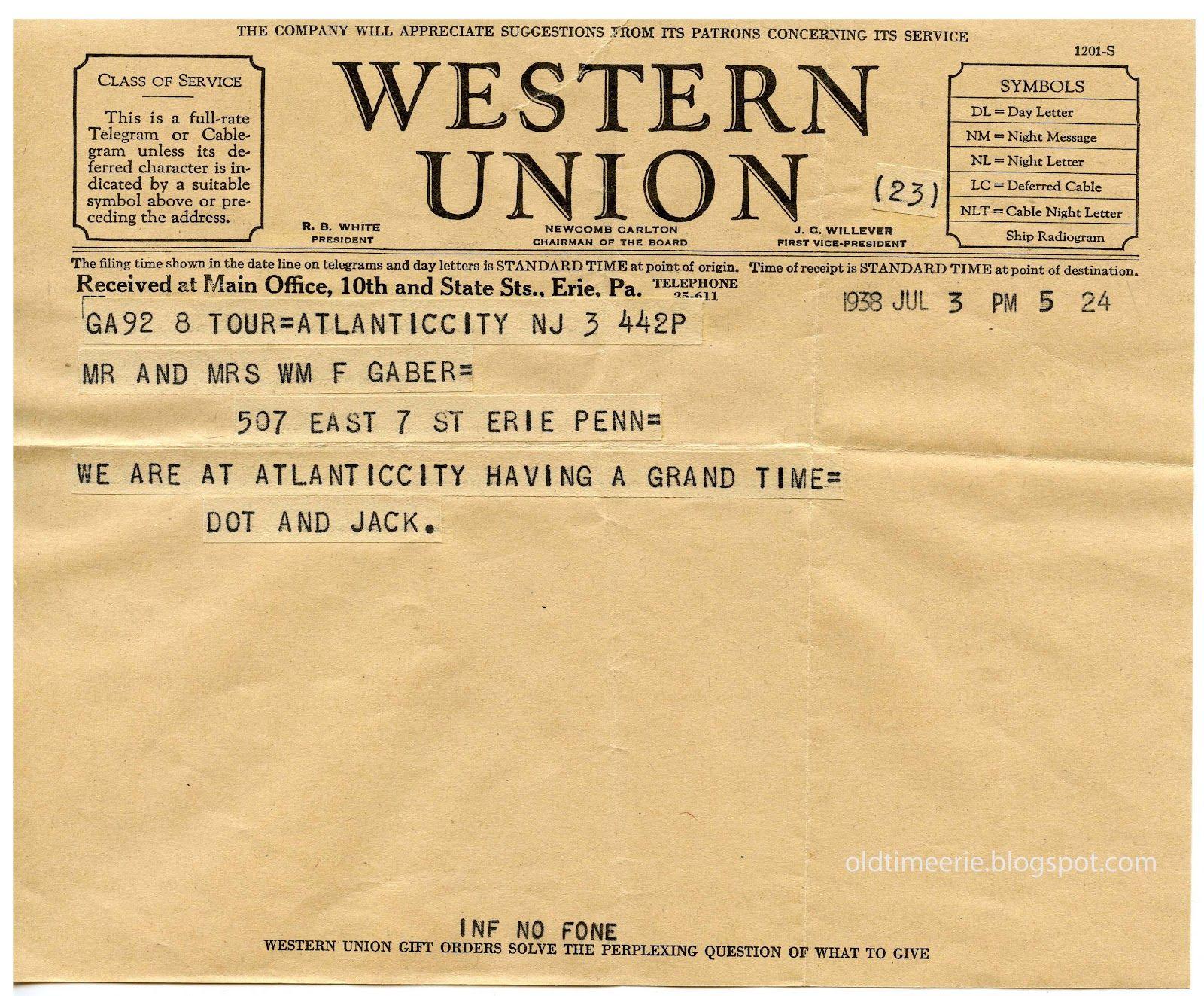 Old Western Union Logo - Old Time Erie: 1938 William Gaber Western Union Telegram