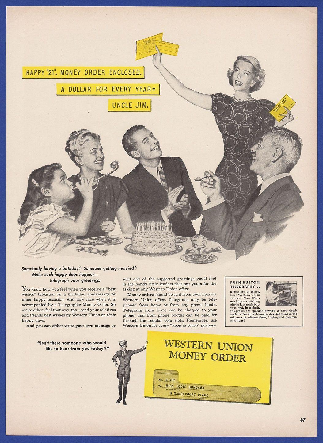 Old Western Union Logo - Vintage 1947 WESTERN UNION Money Order Old RARE 1940's Magazine ...