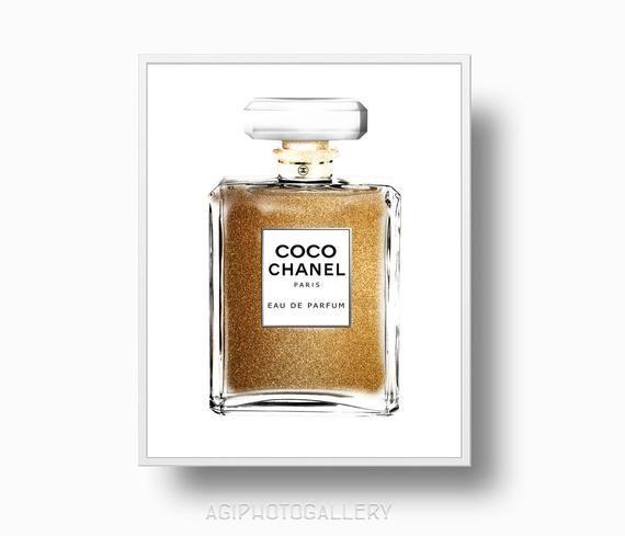 Perfume Chanel Gold Logo - Coco Chanel Gold Perfume Bottle Chanel Perfume Print Chanel | Etsy