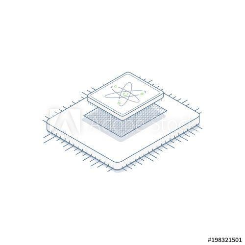 Computer Processor Logo - CPU processor and socket. Computer microchip with atom logo. Circuit