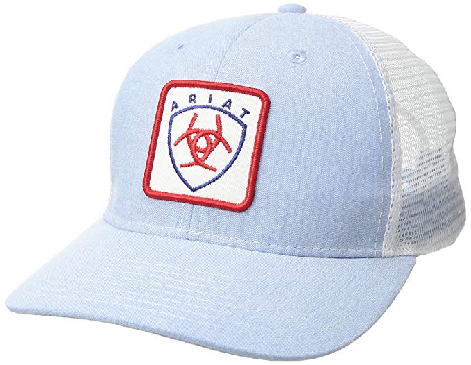 Square in a Red F Logo - Ariat Men's Square Shield Patch Mesh Cap, Blue, One Size at Amazon
