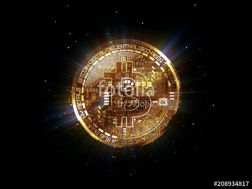 Gold Bitcoin Logo - Bitcoin with glowing lights..Gold bitcoin symbol. Coins on black ...