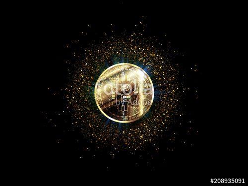 Gold Bitcoin Logo - Bitcoin with glowing lights.Gold bitcoin symbol. Coins on black