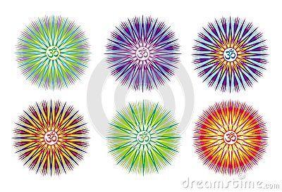 Yellow and Blue Red Circle Logo - 6 openwork mandalas with the Aum / Om / Ohm sign in the center ...