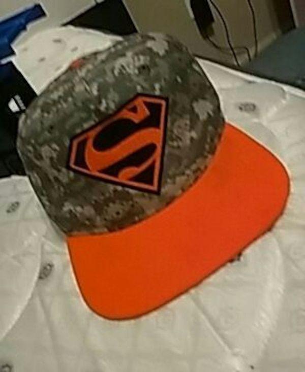 Orange Camo Superman Logo - Used orange and green camo print Superman fitted cap