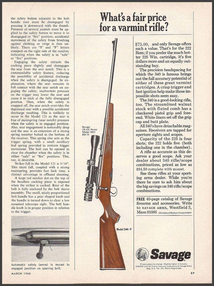 Savage Rifle Indian Logo - 1968 SAVAGE Model 340-V Varmint RIFLE shown w/scope Vintage AD Gun ...