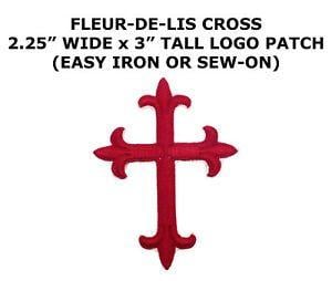 Red Fleur De Lis Logo - Iron On Applique Embroidered Patch Religious Fleur de lis Cross Red ...