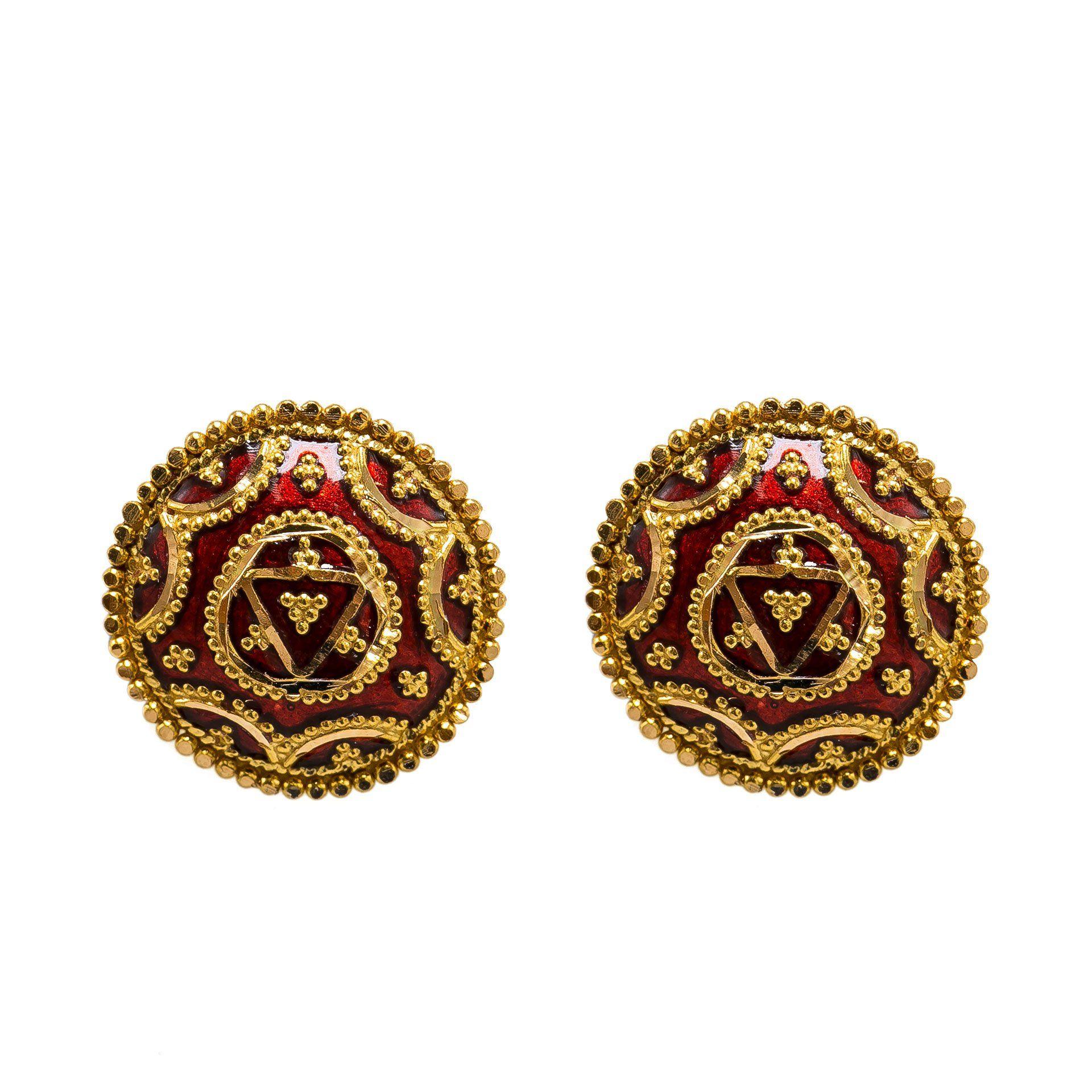 Painted Red V Logo - 22K Yellow Gold Stud Earrings W/ Red Hand Painted Finish & Royal