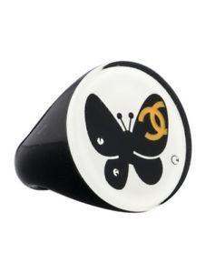 Black Butterfly Logo - CHANEL CRYSTAL BLACK BUTTERFLY SIGNATURE CC LOGO WHITE RING | eBay