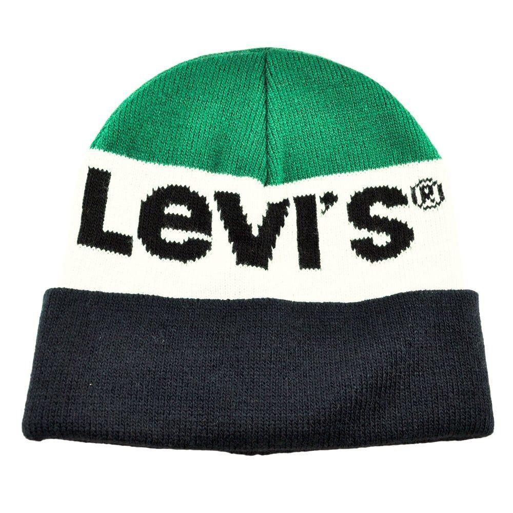 White and Blue Striped Logo - Levi's Green, White & Navy Blue Striped Beanie Hat from Ties Planet UK