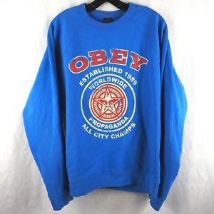 Blue Obey Logo - Obey Men's Sweater Crewneck Graphic Logo Star Cotton Blend Blue Red ...