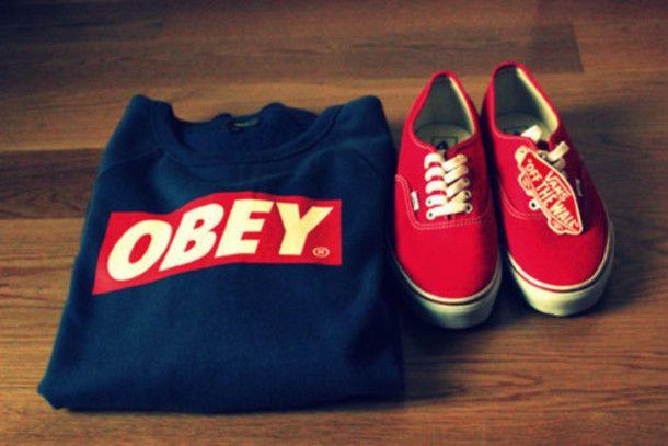 Blue Obey Logo - sweater, jumper, navy, obey, red, outfit, shirt, obey, clothes, vans ...